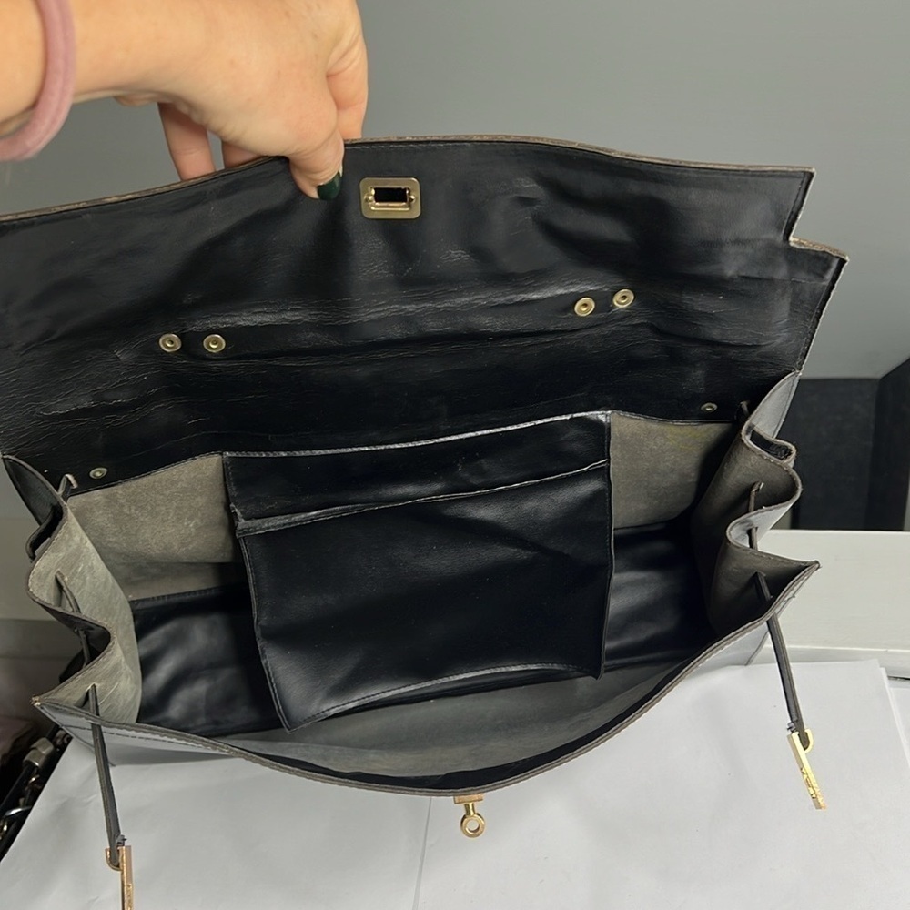 Vintage Large Black Leather Sellier Style Handbag Made in France - Picture 9 of 14